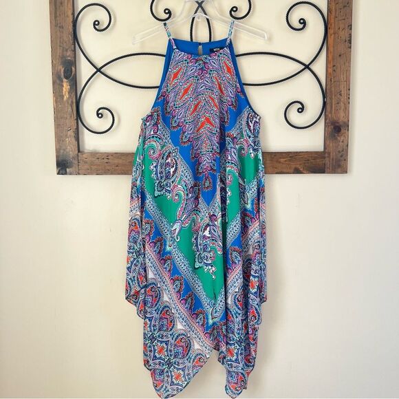 Y2K MSK Colorful Paisley Festival Hanky Hem Halter Fairycore Whimsy Dress Sz.12 - Picture 2 of 14